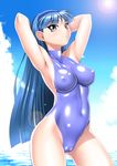  armpits arms_behind_head arms_up blue blue_eyes blue_hair blue_hairband blunt_ends breasts cameltoe cloud covered_navel covered_nipples day hairband highleg highleg_swimsuit impossible_clothes impossible_swimsuit large_breasts lens_flare lips long_hair magic_knight_rayearth ocean one-piece_swimsuit pussy ryuuzaki_umi sakura_ryuuken shiny shiny_clothes skin_tight sky solo standing sunlight swimsuit water 