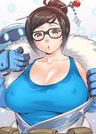  beads breasts brown_eyes brown_hair covered_nipples glasses hair_bun hair_ornament hair_stick large_breasts mei_(overwatch) overwatch short_hair solo sweat taka-michi tank_top wet wet_clothes 