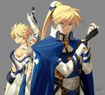  adjusting_clothes adjusting_gloves aqua_eyes belt blonde_hair cape cowboy_shot dated eyepatch father_and_son flagpole gloves grey_background guilty_gear guilty_gear_xrd ky_kiske long_hair multiple_boys ponytail simple_background sin_kiske twitter_username zaki_(narashigeo) 