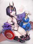  :d black_hair bob_cut breasts cup eyeliner fate/grand_order fate_(series) gourd highres horns japanese_clothes jewelry kimono makeup midriff navel off_shoulder oni open_mouth purple_eyes sakazuki short_hair shuten_douji_(fate/grand_order) small_breasts smile solo taishi_(picchiridou) 