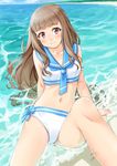  artist_name beach bikini blush brown_hair crop_top eyebrows idolmaster idolmaster_cinderella_girls kamiya_nao long_hair midriff miri_(ago550421) navel red_eyes sailor_bikini sailor_collar sailor_swimsuit_(idolmaster) signature solo swimsuit thick_eyebrows wavy_mouth 