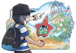  absurdres backpack bag baseball_cap black_hair gen_4_pokemon hat highres male_focus official_art oomura_yuusuke outside_border pointing pokedex pokemon pokemon_(creature) pokemon_(game) pokemon_center pokemon_sm rotom rotom_dex smile you_(pokemon) z-ring 