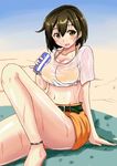  alternate_costume anklet arm_support barefoot beach belt bikini bikini_top breasts brown_eyes brown_hair chan_(akuty_ikkot) collarbone hair_between_eyes halterneck highres hiryuu_(kantai_collection) jewelry kantai_collection large_breasts looking_at_viewer midriff open_mouth orange_bikini orange_pants see-through shirt short_hair short_sleeves shorts sitting solo swimsuit thighs tied_shirt wet wet_clothes white_shirt 