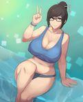  bare_shoulders belly breasts brown_eyes brown_hair cleavage covered_nipples curvy highres huge_breasts looking_at_viewer mei_(overwatch) metal_owl_(aden12) navel overwatch short_hair smile solo thick_thighs thighs v wide_hips 