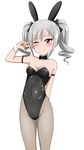  animal_ears bad_id bad_pixiv_id bare_shoulders blush bunny_ears bunny_girl bunny_tail bunnysuit detached_collar drill_hair idolmaster idolmaster_cinderella_girls kanzaki_ranko long_hair marupuni one_eye_closed pantyhose red_eyes silver_hair simple_background solo tail twin_drills twintails v 