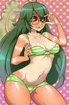  2016 abstract_background amphibian andromeda anthro breasts clothed clothing cute eyewear female frog glasses green_eyes green_hair hair hal-01 looking_at_viewer navel open_mouth purple_sclera simple_background solo striped_bra surprise swimsuit thick_thighs underwear 