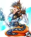  ass bodysuit brown_hair gloves goggles gun handgun jacket kink looking_at_viewer orange_bodysuit overwatch short_hair smile solo spiked_hair tracer_(overwatch) waving weapon 