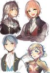  2girls artist_request blonde_hair blue_eyes blue_hair blush braid breasts butler cape circlet felicia_(fire_emblem_if) fire_emblem fire_emblem_if flora_(fire_emblem_if) genderswap gloves grey_hair hairband joker_(fire_emblem_if) long_hair maid multiple_boys multiple_girls odin_(fire_emblem_if) one_eye_closed open_mouth pink_hair purple_eyes short_hair simple_background single_braid smile white_background 