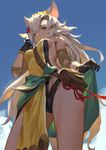  animal_ears aqua_eyes breasts cancer_(zjcconan) cloud dark_skin day erune from_below gloves granblue_fantasy long_hair medium_breasts nemone panties pouch sideboob sky solo underwear upper_body 