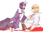  1girl belt blonde_hair breasts commentary_request fate/grand_order fate_(series) from_side hair_ornament horns japanese_clothes jewelry kimono midriff navel off_shoulder oni oni_horns open_mouth purple_eyes purple_hair sakata_kintoki_(fate/grand_order) short_hair shuten_douji_(fate/grand_order) sitting small_breasts sunglasses watch wristwatch zbura 