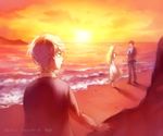  aqua_eyes beach blonde_hair commentary_request dress kanmuri_(hanyifan30338) long_hair ocean shirt slaine_troyard sunset white_dress 