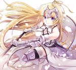  armor armored_boots armored_dress banner bare_shoulders black_legwear blonde_hair boots breasts cleavage fate/apocrypha fate_(series) fur_trim headpiece highres iroha_(shiki) jeanne_d'arc_(fate) jeanne_d'arc_(fate)_(all) long_hair medium_breasts purple_eyes solo staff thigh_boots thighhighs 
