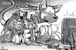  anthro black_and_white buwaro_elexion cables claws clothing demon ear_piercing eyes_closed feathers female fur group horn iratu_elexion male monochrome open_mouth piercing sakido_elexion sibling slightly_damned stripes sweat tailwag television the-chu video_games watermark webcomic wings 