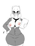  2016 anthro areola big_breasts boss_monster breasts caprine clothed clothing eyewear female fur glasses goat hi_res horn inuyuru looking_at_viewer mammal necktie nipples simple_background smile solo teacher toriel undertale video_games white_background white_fur 