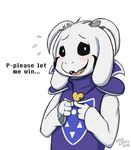  2015 anthro asriel_dreemurr awkward black_sclera blush boss_monster caprine clothed clothing english_text front_view fur goat horn jewelry locket long_ears male mammal milodesty open_mouth robes simple_background smile solo teeth text tongue undertale video_games white_background white_fur 