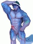  2016 5_fingers animated anthro armpits balls biceps big_muscles blue_fur blush circumcised erection feline feral fur hand_on_head hat humanoid_penis iceman1984 looking_at_viewer loop male mammal muscular muscular_male nipples nude penis portrait saberleo simple_background solo standing three-quarter_portrait white_background 