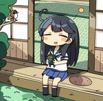  =_= ^_^ ^o^ ahoge animal bird black_hair black_legwear blue_skirt blush blush_stickers closed_eyes commentary cup full_body garden grass holding holding_cup kanikama kantai_collection kneehighs long_hair lowres outdoors plant plate pleated_skirt shirt short_sleeves sitting skirt sleeve_cuffs solo sun sunlight tatami tree ushio_(kantai_collection) white_shirt wooden_floor 