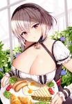  1girl anchor_choker azur_lane bangs blush breasts choker cleavage collarbone eyebrows_visible_through_hair food hair_between_eyes hairband head_tilt highres lace-trimmed_choker lace-trimmed_cuffs lace-trimmed_hairband lace_trim large_breasts looking_at_viewer maid parted_lips puffy_sleeves red_eyes shiny shiny_skin short_hair short_sleeves sidelocks sirius_(azur_lane) solo white_hair wrist_cuffs wsman 