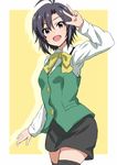  :d antenna_hair black_hair bow bowtie cosplay idolmaster idolmaster_(classic) kikuchi_makoto lieass looking_at_viewer office_lady open_mouth otonashi_kotori otonashi_kotori_(cosplay) purple_eyes short_hair smile solo thighhighs vest zettai_ryouiki 