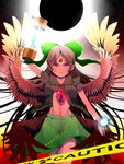  :3 alternate_weapon arm_cannon arm_up bad_id bad_twitter_id bird_wings black_hair black_shirt black_sun black_wings blush bow breasts caution_tape commentary_request cowboy_shot derivative_work eclipse green_bow green_skirt hair_bow highres hybrid_(1212apro) large_breasts long_hair looking_at_viewer midriff navel no_bra pointy_ears red_eyes reiuji_utsuho shirt short_sleeves skirt solo sun third_eye touhou underboob v-shaped_eyebrows very_long_hair weapon wings 