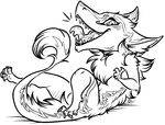  2015 ambiguous_gender claws english_text facial_markings fur looking_at_viewer lying maplecookies markings monochrome navel nude on_back open_mouth sergal sharp_teeth signature simple_background solo tail_tuft teeth text toe_claws tongue tuft turkinwif white_background 