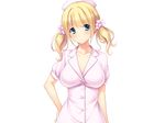  ayase_hazuki blonde_hair blue_eyes blush breasts cleavage colalrbone cosplay cowboy_shot eyebrows eyebrows_visible_through_hair game_cg highres large_breasts looking_at_viewer nise_bitch nurse_cap serious simple_background solo standing twintails uniform white_background 
