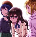  backlighting beret blonde_hair blue_hair blush brown_eyes brown_hair casual commentary_request ear_piercing green_eyes hair_between_eyes hat kaigara_suupu kuroki_tomoko long_hair multiple_girls neck_ribbon piercing plaid plaid_skirt pointing purple_eyes ribbon school_uniform sidelocks skirt slouching smile sweater tamura_yuri tears turtleneck watashi_ga_motenai_no_wa_dou_kangaetemo_omaera_ga_warui! wavy_hair yoshida_masaki 