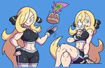  battle_girl_(pokemon) battle_girl_(pokemon)_(cosplay) bike_shorts blonde_hair blue_eyes breasts cosplay crossed_legs fingerless_gloves gen_4_pokemon gen_5_pokemon gloves hair_ornament hair_over_one_eye large_breasts long_hair midriff multiple_views pokemon pokemon_(creature) pokemon_(game) pokemon_dppt shenanimation shirona_(pokemon) smile spiritomb sports_bra sweat toned vanillite very_long_hair 