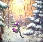  2015 anthro boots canine clothed clothing detailed_background deymos eyes_closed female footwear forest fox fur hair iskra jacket mammal outside pants pink_fur purple_hair selene_(boha) smile snow solo stripes tree white_fur winter 