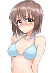  :t arms_behind_back bare_shoulders bikini bikini_top blue_bikini blue_bikini_top blush bob_cut breasts brown_hair cleavage closed_mouth collarbone eyebrows eyebrows_visible_through_hair hagiwara_yukiho hair_between_eyes idolmaster idolmaster_(classic) jewelry looking_at_viewer medium_breasts necklace nose_blush pout shiny shiny_skin short_hair shunichi simple_background solo swimsuit white_background yellow_eyes 