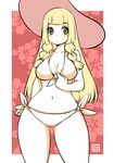  bikini blonde_hair blush_stickers braid breasts cleavage curvy front-tie_bikini front-tie_top hat hime_cut huge_breasts kenron_toqueen lillie_(pokemon) long_hair looking_at_viewer navel pokemon pokemon_(game) pokemon_sm side-tie_bikini solo stomach sun_hat swimsuit thick_thighs thigh_gap thighs twin_braids wide_hips 