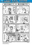 2girls 4koma anger_vein bun_cover chinese circlet comic elbow_gloves genderswap gloves hanging highres hong_hai-er journey_to_the_west monochrome multiple_4koma multiple_girls navel otosama simple_background sparkle sun_wukong tang_sanzang tearing_up translated 