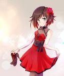  blush breasts cleavage dress flower hair_flower hair_ornament high_heels holding iesupa pantyhose rose ruby_rose rwby short_hair silver_eyes skirt skirt_lift small_breasts smile solo 