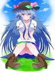  black_hat blue_hair blush boots breasts brown_footwear cloud cloudy_sky commentary_request cross-laced_footwear day dress_shirt food fruit full_body hat highres hinanawi_tenshi hybrid_(1212apro) knees_together_feet_apart knees_up leaf long_hair looking_at_viewer medium_breasts no_bra open_clothes open_shirt panties pantyshot pantyshot_(sitting) peach rainbow_gradient rainbow_order red_eyes shirt short_sleeves sitting sky smile solo touhou underwear v_arms very_long_hair white_shirt 