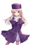  1girl arms_behind_back bangs blush closed_mouth commentary_request dress eyebrows_visible_through_hair fate/stay_night fate_(series) hat illyasviel_von_einzbern light_brown_hair long_hair purple_capelet purple_dress purple_hat red_eyes scarf seungju_lee simple_background smile solo white_background white_scarf 
