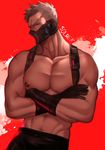 abstract_background absurdres adonis_belt arkaros bara black_gloves character_name collarbone covered_mouth cowboy_shot crossed_arms face_mask gloves grey_hair groin highres looking_at_viewer male_focus mask muscle narrowed_eyes navel_hair nipples overwatch pectorals profile red_background shirtless soldier:_76_(overwatch) solo tan white_hair 