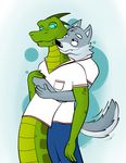  2016 absurd_res anthro black_nose blue_eyes canine fur green_scales grey_fur hi_res hug hugging_from_behind male male/male mammal oscalie reptile romantic_couple scales scalie simple_background snake wolf 