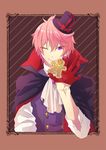  cape cravat fang food free! gingerbread_man gloves hat looking_at_viewer male_focus memeo_(candy_house) mini_hat mini_top_hat one_eye_closed pink_hair purple_eyes red_gloves shigino_kisumi smile solo top_hat 