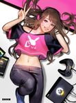 absurdres artist_name artstation_sample black_bra blurry bra bra_strap brown_eyes brown_hair casual clothes_writing controller cowboy_shot crop_top d.va_(overwatch) facial_mark game_console game_controller gamepad grin hand_in_hair headphones highres image_sample jpeg_artifacts leg_up long_hair looking_at_viewer lying messy_hair midriff nail_polish navel off_shoulder on_back overwatch overwatch_(logo) pants pink_nails pink_shirt shirt short_sleeves signature simple_background smile sohn_woohyoung solo t-shirt underwear v whisker_markings white_background 