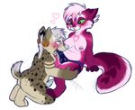  &lt;3 anthro blush breasts dildo duo ear_piercing erection facial_piercing feline female green_eyes hair hi_res hyena male male/female mammal melvismd nipple_piercing nipples oral penis piercing saliva sex_toy sitting strapon tongue tongue_out white_hair 