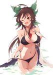 ;d ahoge bare_arms bare_shoulders between_breasts bikini bikini_pull black_bikini blush bow breasts brown_hair collarbone cowboy_shot dripping fang green_bow hair_bow large_breasts long_hair looking_to_the_side midriff navel one_eye_closed open_mouth pulled_by_self red_eyes reflection reiuji_utsuho simple_background smile solo standing stomach swimsuit tareme tetsurou_(fe+) third_eye tooth touhou undressing very_long_hair wading water water_drop wet white_background 