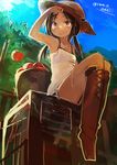  apple apple_tree armpits boots brown_hair character_request cross cross_necklace female kamindani low_twintails sitting smile solo twintails twitter_username wet yellow_eyes 