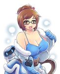  :d beads belt blue_jacket blush brown_eyes brown_hair camisole collarbone colonel_aki commentary drone fur_trim glasses gloves hair_bun hair_ornament hair_stick heart hose jacket mei_(overwatch) no_bra open_mouth overwatch removing_jacket round_teeth simple_background smile solo tank_top teeth upper_body utility_belt 