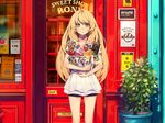  bike_shorts blonde_hair blush cropped flowers food long_hair original shorts yellow_eyes yohan12 