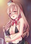  :d alcohol bangs beer black_bikini_top blonde_hair blurry blush bottle bottomless bow bowtie breast_press breasts brown_eyes cleavage cup depth_of_field drinking_glass drunk eyebrows eyebrows_visible_through_hair eyelashes flower foam hair_between_eyes hat holding holding_bottle kantai_collection large_breasts light_brown_hair long_hair looking_at_viewer mini_hat navel open_mouth pola_(kantai_collection) red_bow red_flower red_neckwear red_rose rose shimokirin skirt smile solo unaligned_breasts upper_body very_long_hair yellow_eyes 