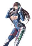  bangs bodysuit breastless_clothes breasts brown_eyes brown_hair contrapposto cowboy_shot d.va_(overwatch) facial_mark gloves headphones highres lipgloss lips long_hair looking_at_viewer medium_breasts nipples overwatch parted_lips pilot_suit saggitary simple_background smile solo standing swept_bangs whisker_markings white_background white_gloves 