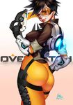  2016 ass bodysuit brown_eyes brown_hair copyright_name cowboy_shot dated from_behind goggles gradient gradient_background gun hand_on_hip handgun jacket lips looking_at_viewer looking_back nose orange_bodysuit overwatch pink_background short_hair signature skin_tight smile solo spiked_hair tracer_(overwatch) trigger_discipline weapon yuanchuang 