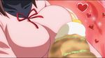  animated animated_gif bouncing_breasts breasts brown_hair food large_breasts mitsuki_sohara ribbon solo sora_no_otoshimono 
