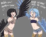  &gt;_&lt; :d ahoge bandeau bird_tail black_hair black_wings blue_hair blue_wings blush_stickers character_name closed_eyes commentary cowboy_shot crossover dark_souls_iii english_commentary fang feathered_wings feathers flat_chest grey_background harpy iwbitu-sa monster_girl monster_musume_no_iru_nichijou multiple_girls navel open_mouth papi_(monster_musume) personification pickle_pee_pump-a-rum_crow scales short_hair simple_background smile souls_(from_software) tail_feathers trait_connection winged_arms wings xd 