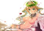  :d absurdres ahoge alcohol blonde_hair blurry blush breasts buckle chain colored_eyelashes cup depth_of_field detached_collar detached_sleeves drinking_glass eyebrows eyebrows_visible_through_hair fate/extra fate/extra_ccc fate/grand_order fate_(series) fuya_(tempupupu) gloves green_eyes groin hair_intakes highres holding holding_cup large_breasts lock long_sleeves looking_at_viewer navel nero_claudius_(bride)_(fate) nero_claudius_(fate)_(all) nipples no_panties nude open_mouth parted_lips short_hair sitting smile solo stomach teeth thighhighs veil white_gloves white_legwear white_sleeves wide_sleeves wine wine_glass 